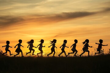 Fototapeta premium Children Running at Sunset on a Grassy Hill, Silhouetted Against Sky