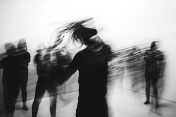 Black and White Motion Blur Portrait of Dancing Figure with Blurred Audience in Background