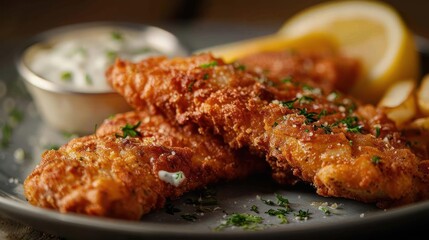 Serving of freshly prepared gourmet fish and chips with tartar sauce, lemon, and a side of fries.