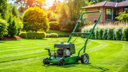 Fototapeta premium Grass aerator machine on a vibrant green lawn , Gardening, Tool, Equipment, Lawn care, Maintenance