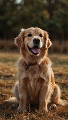 Obraz premium A cute smiling Golden Retriever sitting in a ground