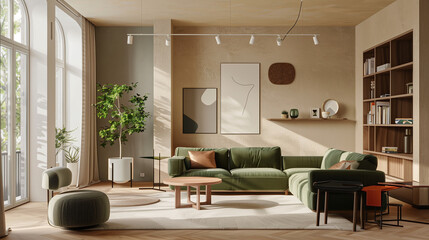 Fototapeta premium Modern living room with a forest green sofa, cream-colored walls, and light wood flooring