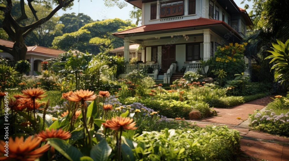 Wall mural classic house with flower garden  