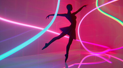 Obraz premium 3D illustration of a ballerina silhouette in ballet dress dancing pose in space with colorful cool neon lights and glow holographic lines in dreamy cyberpunk fashion style pink background
