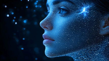 Profile of a woman with glowing, sparkling skin, a blue, starry night, and a bright blue spark on her cheek.