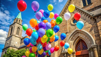 Colorful balloons floating outside a holy church, celebration, religion, spirituality, architecture, traditional, festive