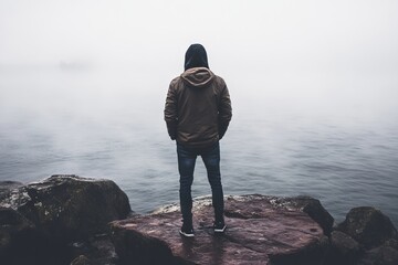 Man in a Hooded Jacket Standing on Rocks by Misty Lake, Contemplating Mystical Foggy Scene