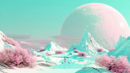 3D futuristic planet with green mountains pink trees and huge moon in the sky as fantasy landscape for digital painting dreamy vibrant background