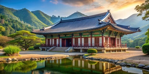 Fototapeta premium Korean temple nestled in the serene countryside setting, Korea, temple, traditional, architecture, Buddhism, scenic