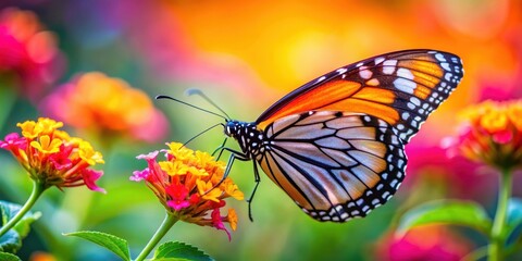 Obraz premium Vibrant close-up of a colorful butterfly on a flower, insect, wings, nature, beautiful, vibrant, close-up, colorful