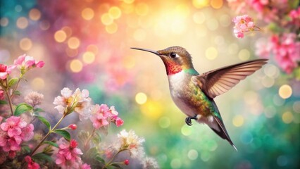 Fototapeta premium Close-up painting of a little bird Hummingbird with flowers on a light abstract background, hummingbird, bird, close-up