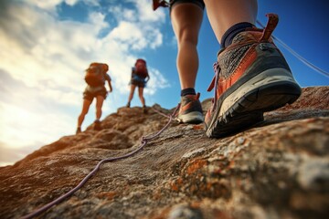Adventurous Mountain Climbing Journey on Rocky Terrain with Clear Blue Sky