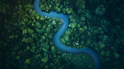 Fototapeta premium A drone hovers above a dense, lush forest, capturing the winding path of a serpentine river cutting through the greenery