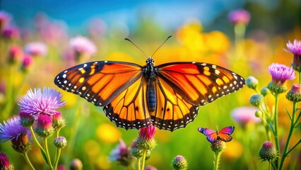 Close-up image of a colorful butterfly resting on a vibrant wildflower in a lush meadow, wildlife, nature, insect