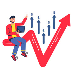 happy businessman man looking at increasing sales turnover via computer vector illustration.business concept graph and arrow up.business flat design on white background