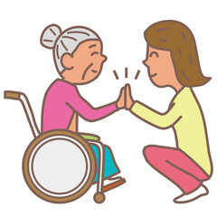 向き合ってハイタッチをするお婆さんと娘さん