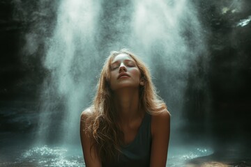 Fototapeta premium Serenity and Contemplation Under Waterfall Mist in a Tranquil Forest Setting
