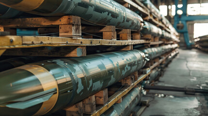 Warehouse. Military missiles on pallets.