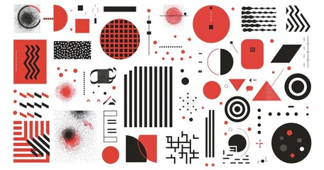 Obraz premium A collage of abstract shapes and patterns in red, black, and white for graphic design use.