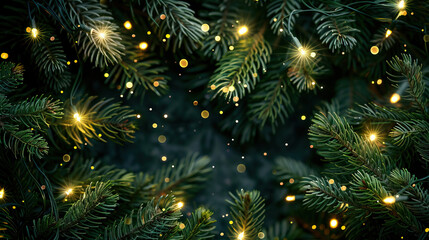 Christmas fir branches with lights border 