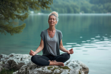 elderly woman meditating in yoga pose on nature background