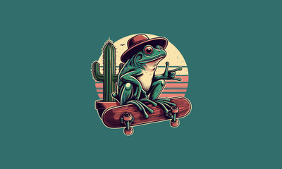 frog playing skateboard on cactus vector illustration mascot design