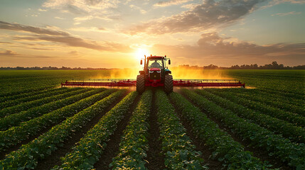 Red tractor spraying a field of crops at sunset.