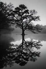 Obraz premium Beautiful Black and white image of a tree and reflection in a lake