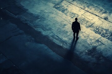 Obraz premium Shadowed Silhouette of a Businessman Walking on Dark Urban Street Evening