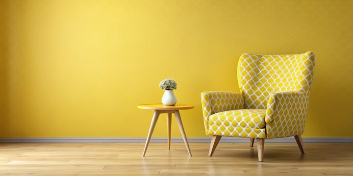 Bright yellow patterned chair with mini table, perfect for decorating sunny interiors, yellow, pattern, chair, mini table, sunny