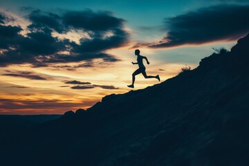 Silhouette of a person running on a hill during a vibrant sunset with dramatic clouds