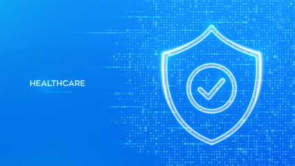 Protection shield with Check mark icon. Healthcare, Medical services. Life insurance. Virus protection. Health care, Medicine. Blue medical background made with cross shape symbol. Vector illustration
