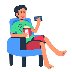 boy is watching streaming on smartphone while eating popcorn and sitting on sofa.vector flat illustration on white background