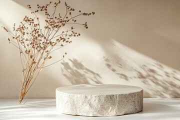 Abstract nature scene Stone podium composition and dry flower on beige brown background for cosmetic, beauty product branding, perfume, skin care and cosmetic backdrop. Copy space, front view , ai