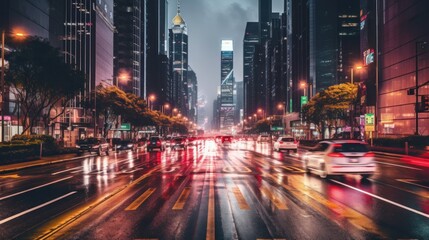 Fototapeta premium Cityscape at Night with Rain and Traffic