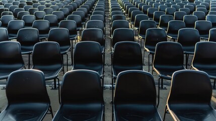 Empty black tribune seats in an outdoor sports stadium. Symmetrical view of a sports stadium with a focus on color and modern design. Sports and audience concept.