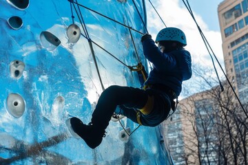 Young Boy Climbing on Outdoors Rock Wall Under Blue Sky Urban Adventure
