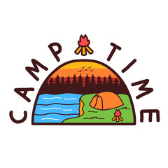 camping on the edge of the river enjoying the afternoon. Illustration badge of camping time on a white background