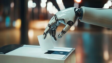 Hand of AI humanoid robot placing vote in ballot box.