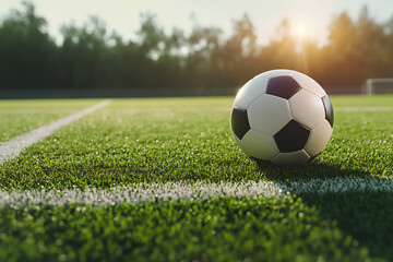 Ball on the green field in soccer stadium. Ready for game in the midfield. Soccer ball close-up