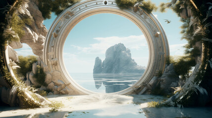 surreal landscapes. round gate portal to other worlds, 