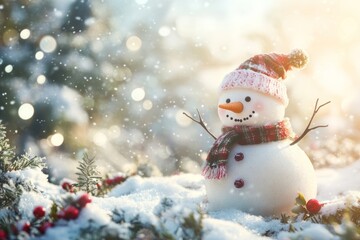 Obraz premium Cheerful snowman in a snowy landscape spreading holiday joy during Christmas and New Year celebrations with a winter wonderland background
