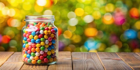 Colorful candy jar on wooden table with blurred background, candy, jar, colorful, wooden table, blurred background, sweets