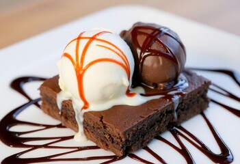 a luxurious dessert presentation featuring two contrasting scoops of ice cream – one vanilla bean, one dark chocolate