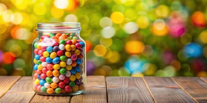 Colorful candy jar on wooden table with blurred background, candy, jar, colorful, wooden table, blurred background, sweets