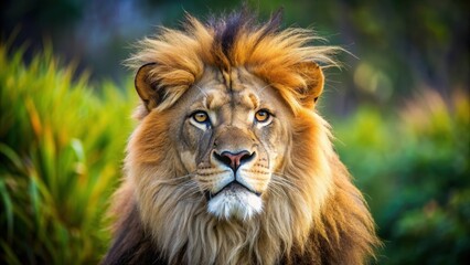 Fototapeta premium Close-up photo of a majestic lion in the wild, lion, wildlife, animal, predator, nature, safari, wild, mane, feline