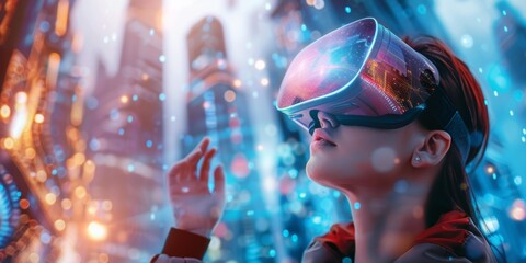 woman in VR headset admiring neon cityscape, alive in cyan and crimson, with nerdcore aesthetic, combining animated and photorealistic details for epic visual impact