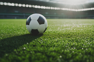 Fototapeta premium Ball on the green field in soccer stadium. Ready for game in the midfield. Soccer ball close-up