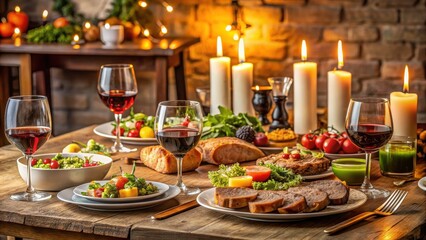 Fototapeta premium Abundant table food at a dinner party with candlelight, wine glasses, and a spread of meat and vegetables , abundance, table