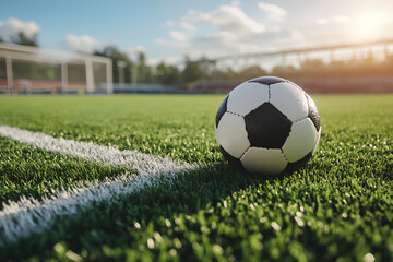 Ball on the green field in soccer stadium. Ready for game in the midfield. Soccer ball close-up